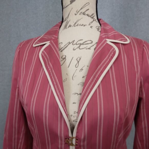 Express | Blazer Pink Ivory Stripe Fitted Lined Jacket Cotton Stretch | Size 4 - Picture 4 of 9